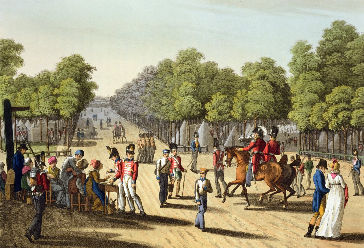 Kampement van het Britse leger in het Bois de Boulogne, 1815, gegraveerd door Matthew Dubourg uit 