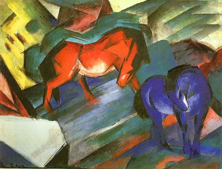 Rode en blauwe paarden door Franz Marc