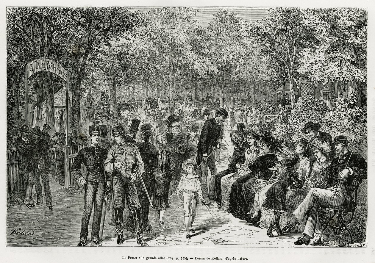 De Prater: de grote wandelweg. Gravure door Kollarz, ter illustratie van het verhaal Wenen en zijn voorsteden, door M. Newlinski, in 1881, gepubliceerd in Le tour du monde, onder leiding van Edouard Charton (1807-1890). door Franz (after) Kollarz