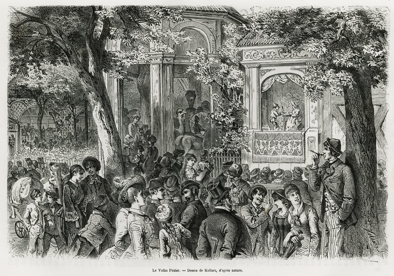 De Volks Prater: populair deel van de hoofdprater, met tal van attracties, circus, orkest en poppenshow. Gravure door Kollarz, ter illustratie van het verhaal Wenen en zijn buitenwijken, door M. Newlinski, in 1881, gepubliceerd in de Tour du monde, onder l door Franz (after) Kollarz