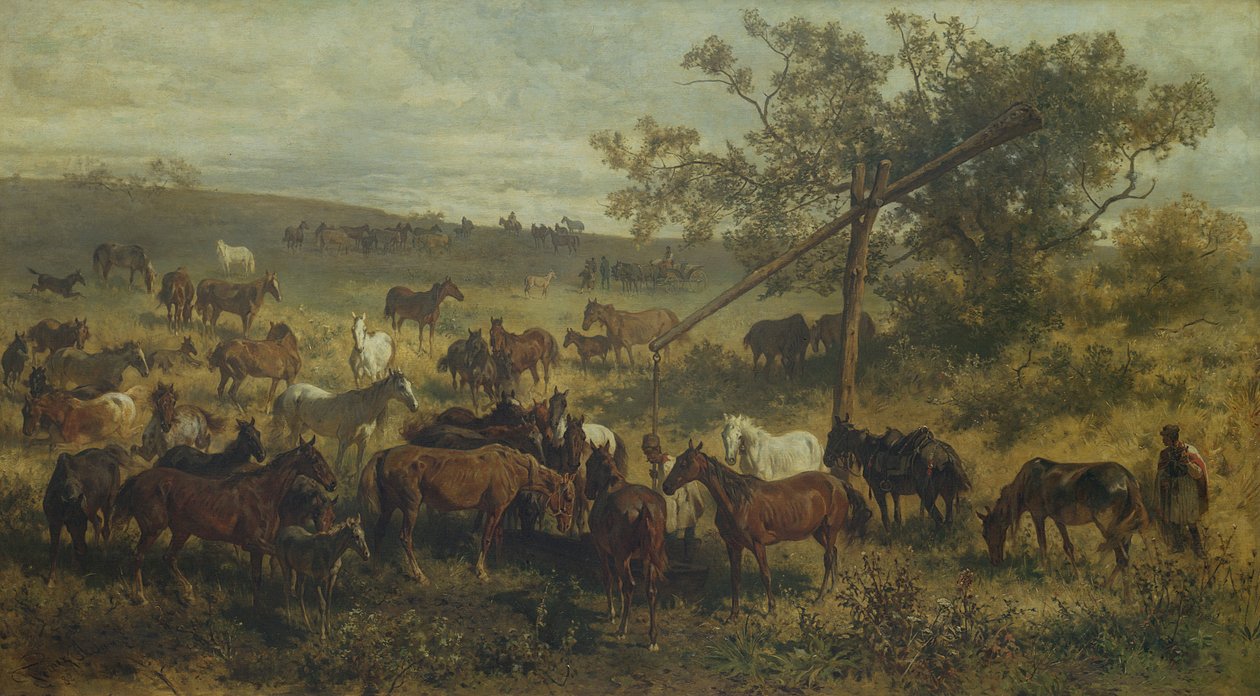 Paarden bij een trog door Franz Adam