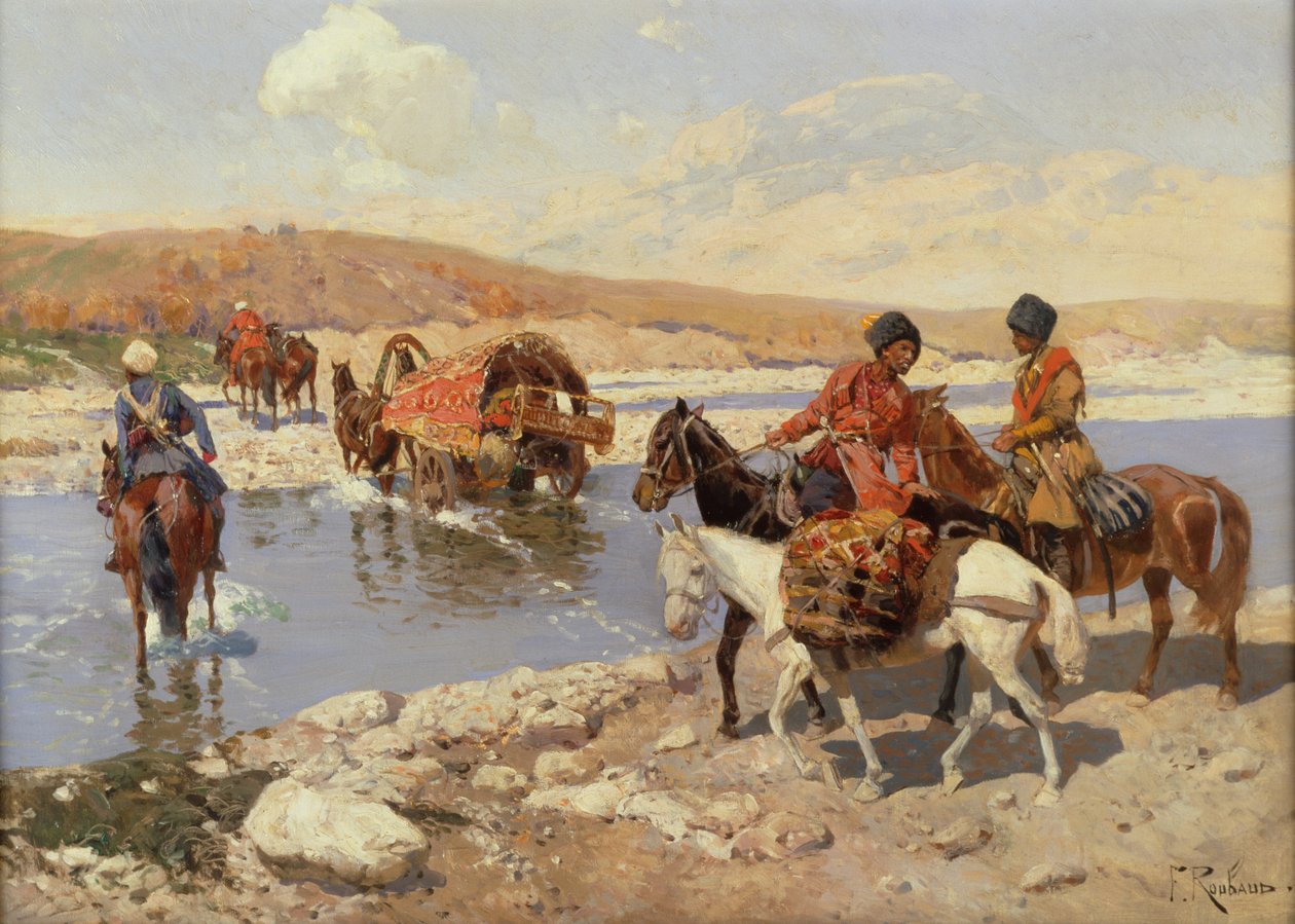 De rivier oversteken (olieverf op doek) door Franz Alekseevich Roubaud