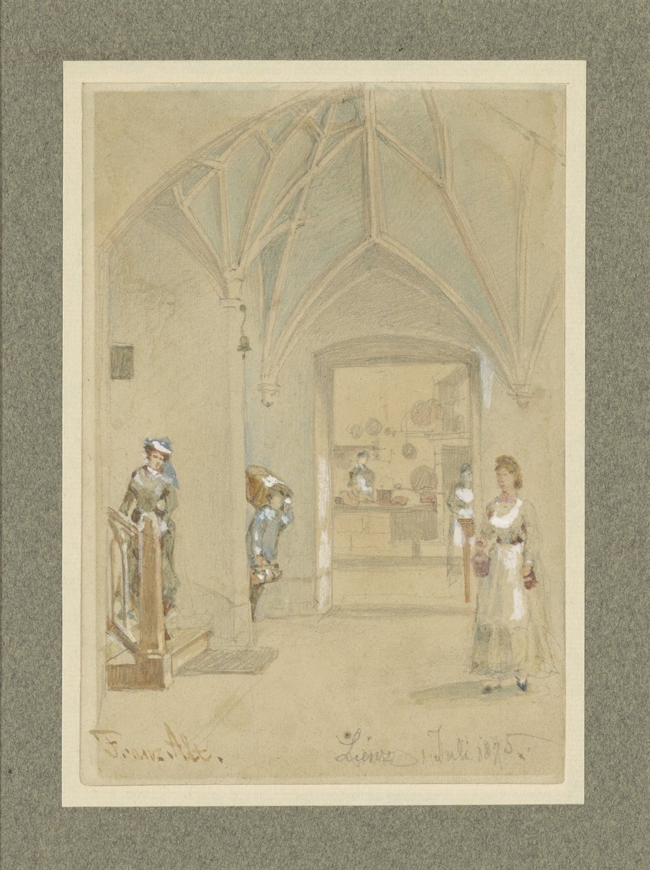 Gang van een Gasthaus met doorkijk in de keuken door Franz Alt