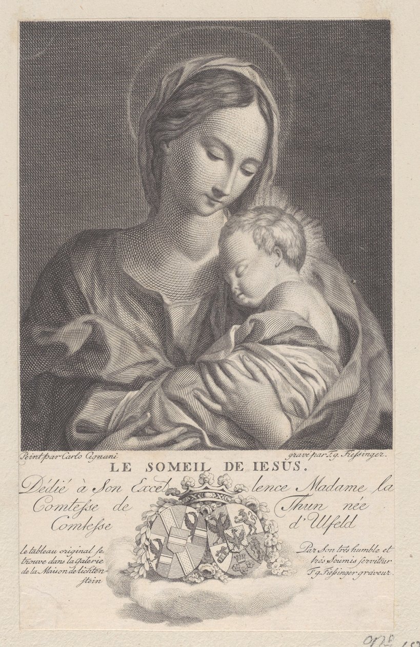 Maagd en Kind, met het slapende Christuskind in haar armen Le Someil de Jesus, 1743-1807 door Franz Gabriel Fiessinger