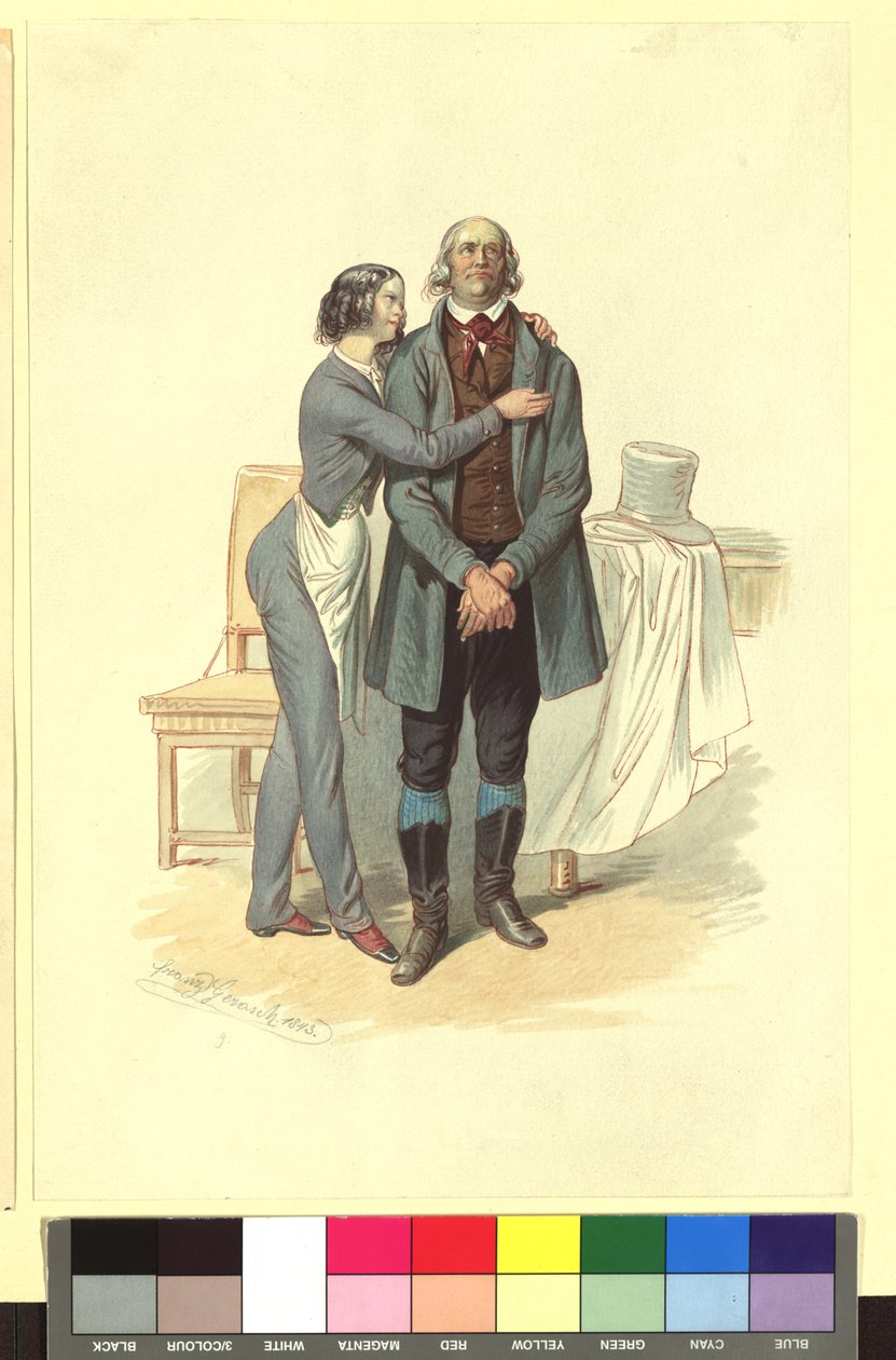 Ida Schuselka-Brüning als bakkersjongen Georg en Carl Carl als pachter Landry in „Een avond, een nacht en een ochtend in Parijs” door Franz Gerasch