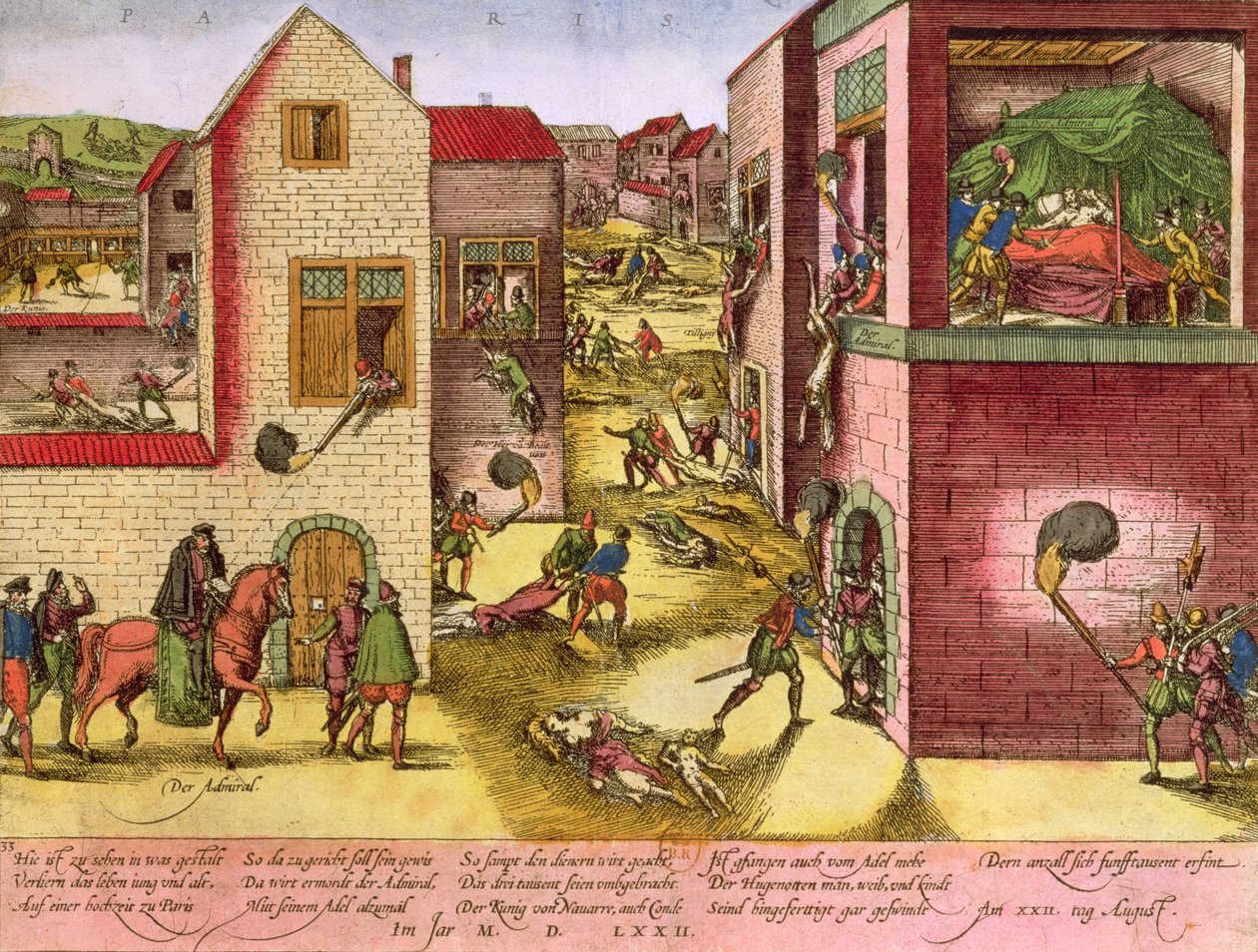 Dood van admiraal Gaspard II de Coligny (1519-72) tijdens het Bloedbad van Sint-Bartholomeus in 1572 door Franz Hogenberg