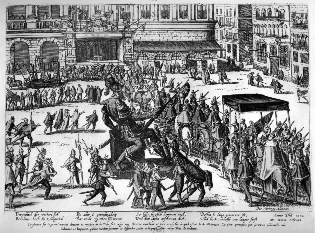 Intocht van Hercule Francois van Frankrijk, hertog van Alençon (1554-84) in Antwerpen, 19 februari 1582 door Franz Hogenberg