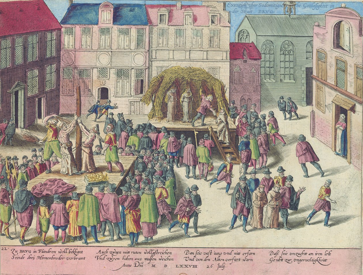 Executie in Brugge door verbranding van drie monniken voor sodomie, 28 juni 1578 door Franz Hogenberg