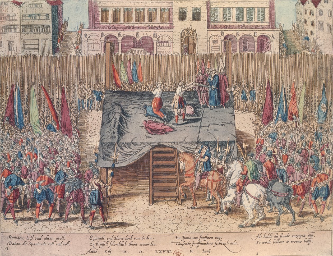 Executie van Philippe II de Montmorency (1518-68) graaf van Hornes, Brussel door Franz Hogenberg