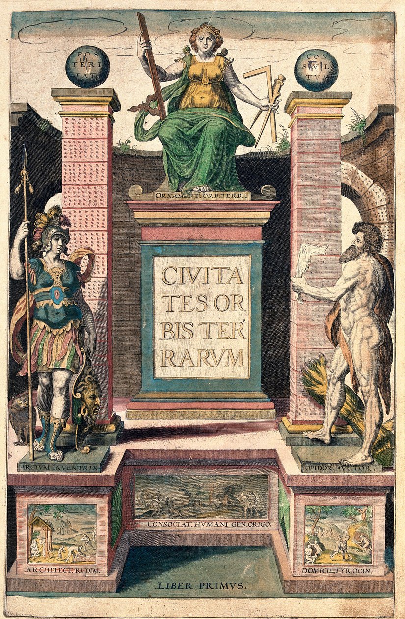 Frontispice van het eerste volume: allegorie van geografie, een vrouw met passer, vierkant en liniaal, boven een vrouwelijke soldaat en een naakte man door Franz Hogenberg
