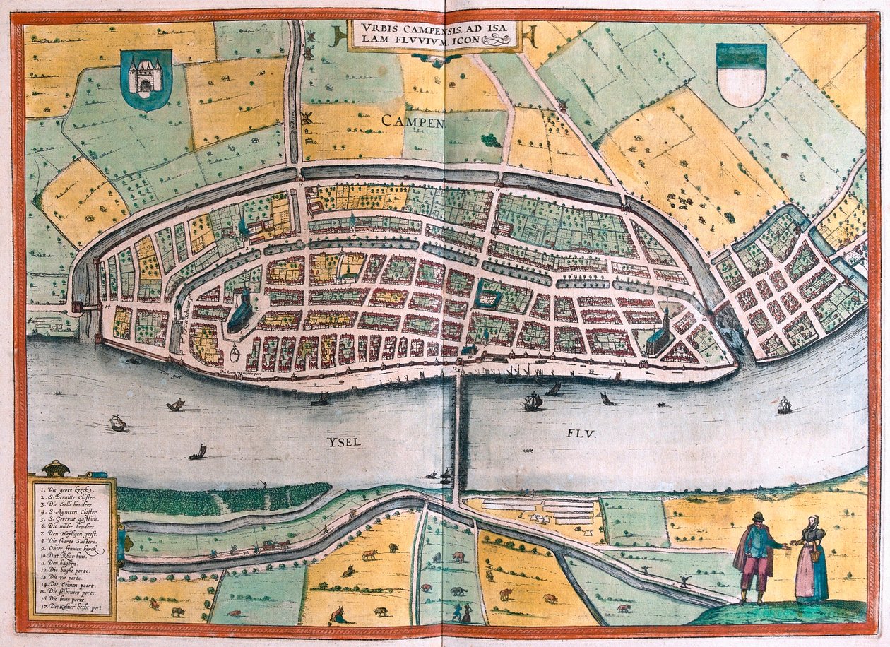 Kampen en de rivier IJssel, Nederland (gravure) door Franz Hogenberg