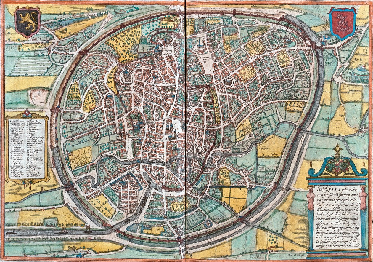 Kaart van Brussel (Bruxella), België (ets) door Franz Hogenberg