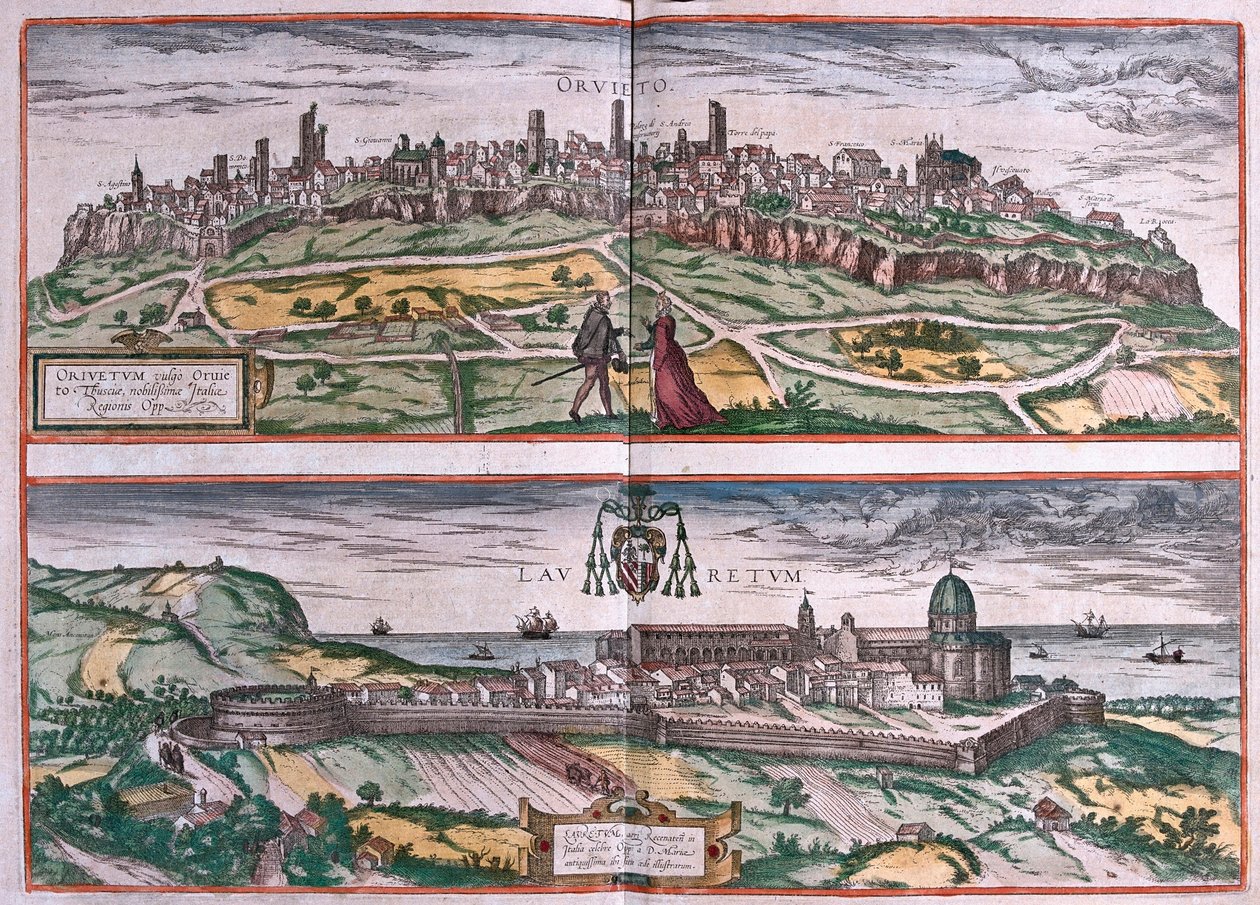 Orvieto en Heiligdom van Loreto, Italië (gravure) door Franz Hogenberg