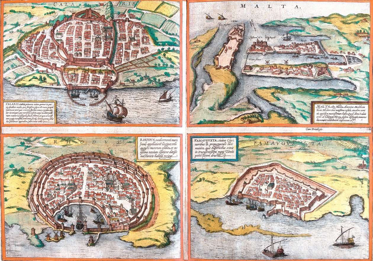 Plattegrond van Cagliari (Calaris), Sardinië (Italië), Malta (Malta), Rhodos (Rhodus) en Famagusta (Famaugusta), Cyprus door Franz Hogenberg