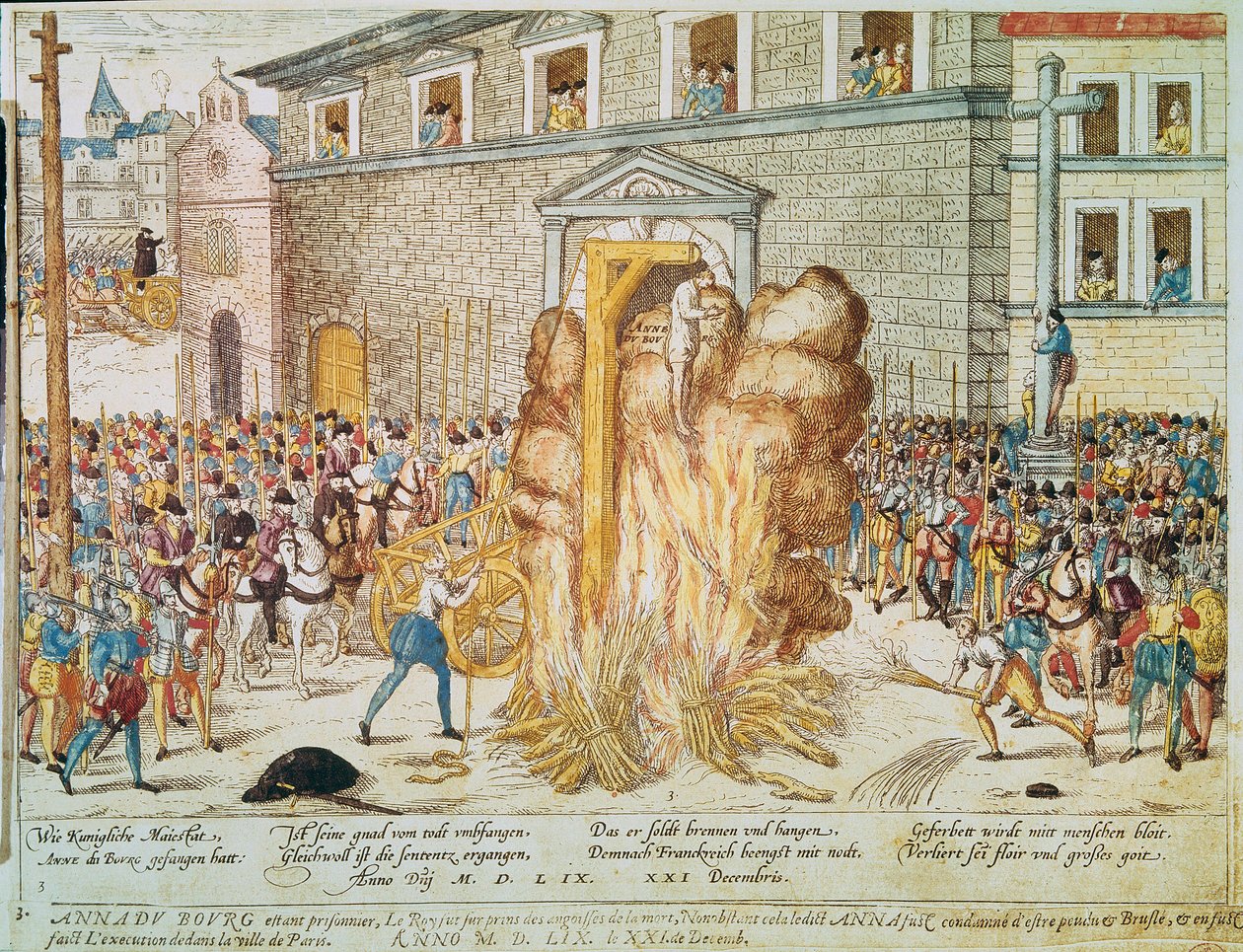 Religieuze oorlog: executie van de Franse protestantse magistraat Anne du Bourg (1521-1559) op 23/12/1559 op Place de Greve in Parijs door Franz Hogenberg