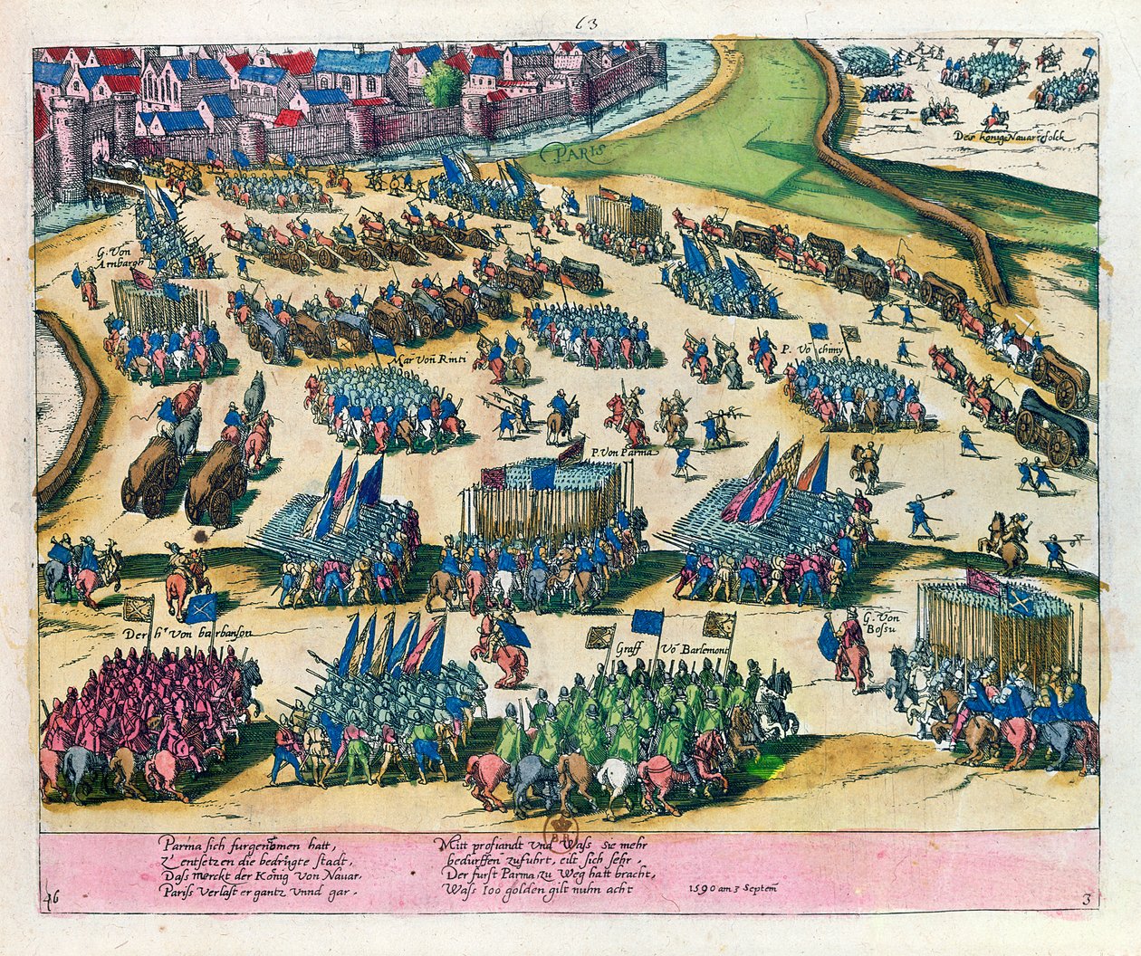 De hertog van Parma bevrijdt Parijs van het beleg door de troepen van Hendrik IV in 1590 door Franz Hogenberg