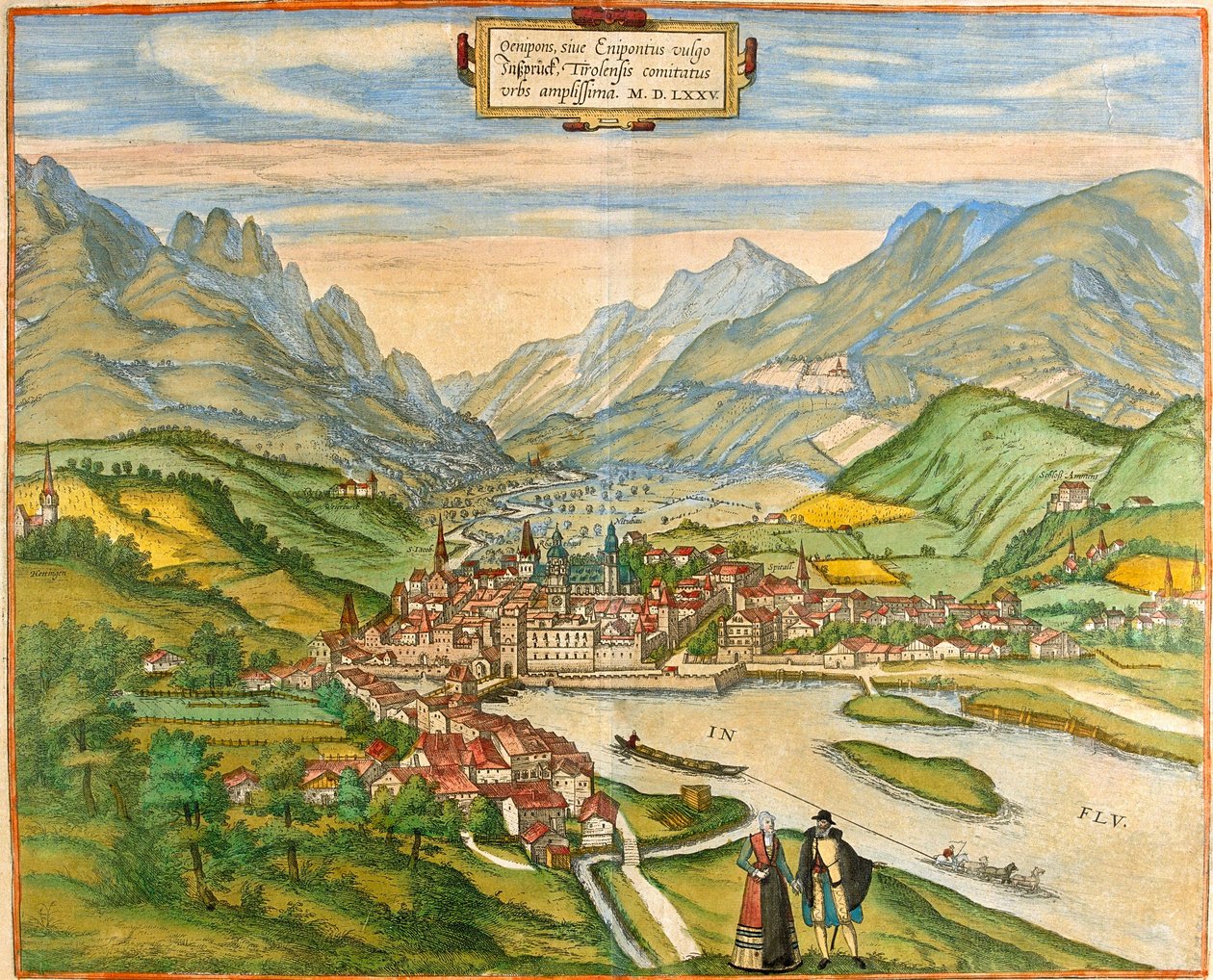 Zicht op Innsbruck (Oenipons of Enipontus), Oostenrijk (ets) door Franz Hogenberg