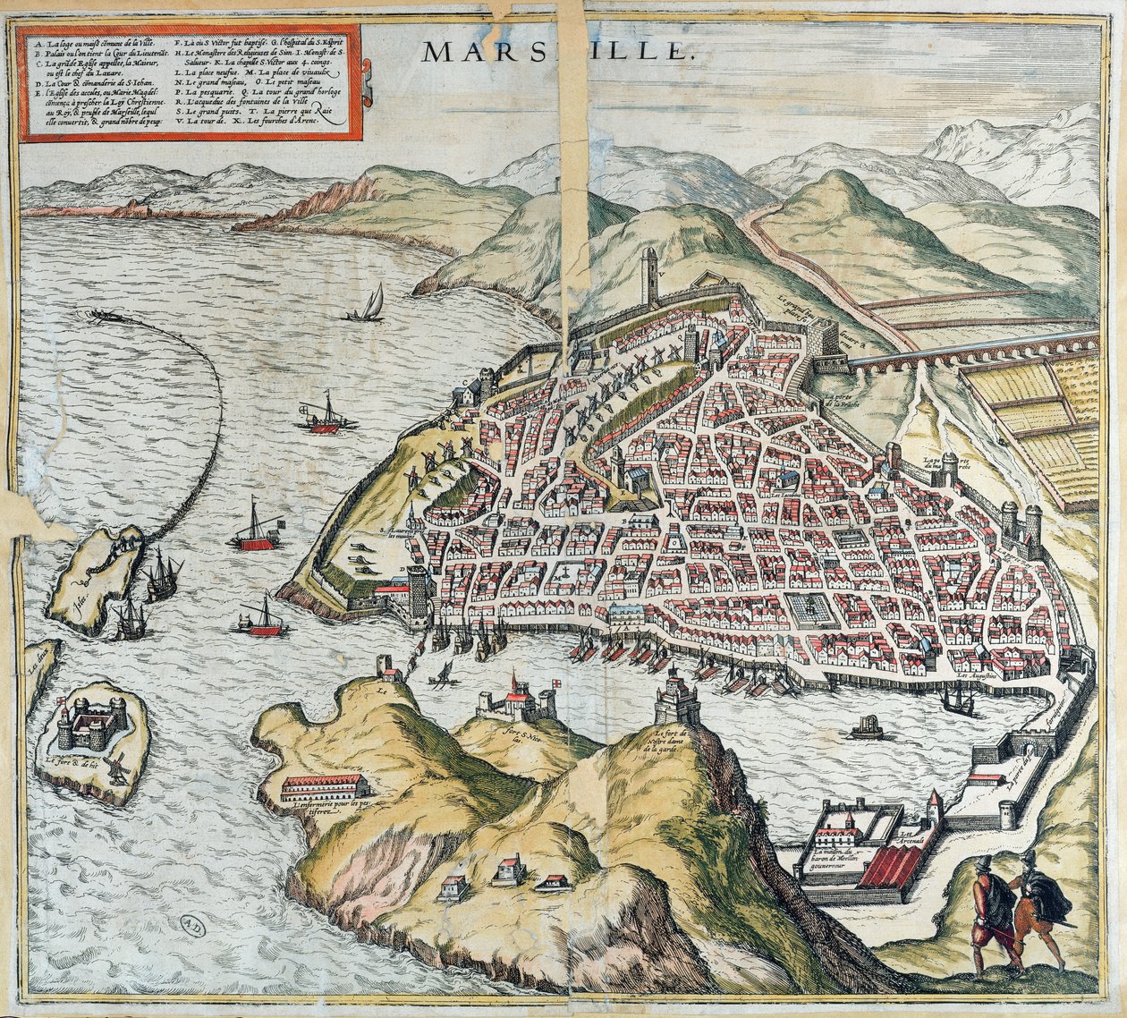 Zicht op Marseille in de 16e eeuw, met het ziekenhuis voor lepralijders linksonder, uit 
