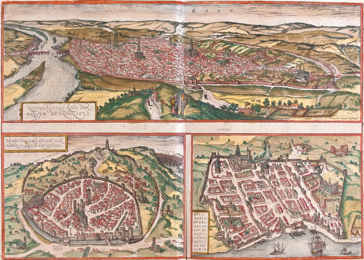Zicht op Rouen (Rotomagus), Nimes (Nemausus) en Bordeaux (Burdigala), Frankrijk door Franz Hogenberg