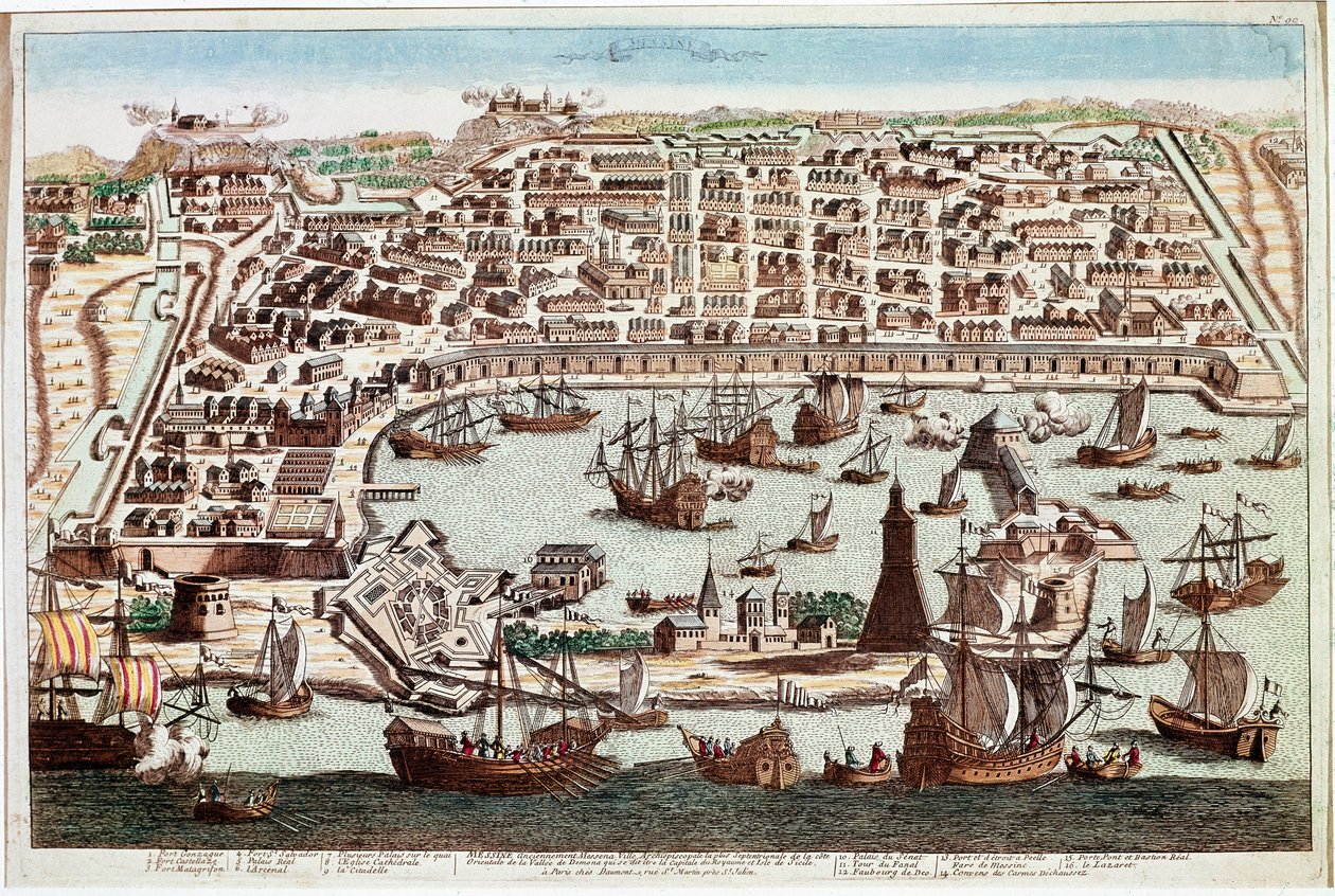 Zicht op de stad Messina in Sicilië - Gravure door Franz Hogenberg (1535-1590) uit 