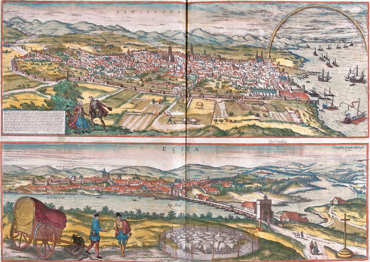 Gezichten op Barcelona en Ecija, Spanje door Franz Hogenberg