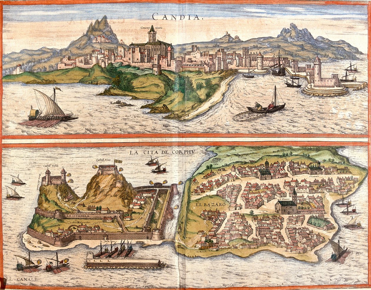 Uitzichten op Candia (Candia), het huidige Heraklion op het eiland Kreta en Corfu of Corcyra (Corphu), Grieks eiland door Franz Hogenberg