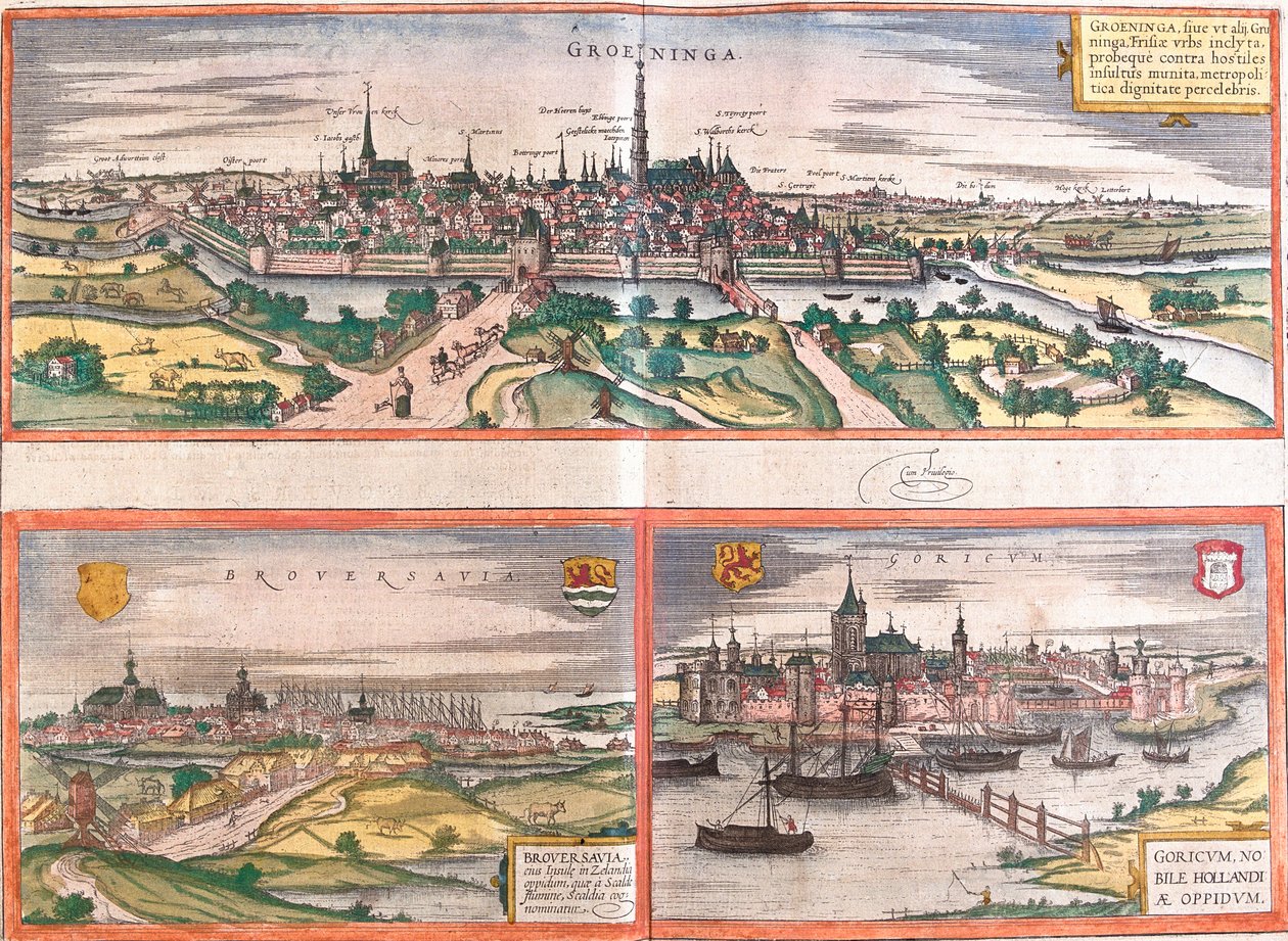Gezichten van Groningen (Groeninga), Brouwershaven (Broversavia) en Gorinchem (Goricum), in Nederland door Franz Hogenberg