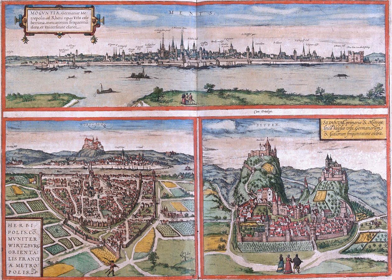 Gezichten van Mainz (Moguntia), Würzburg, Duitsland en Sion (Sedunum) in Zwitserland door Franz Hogenberg
