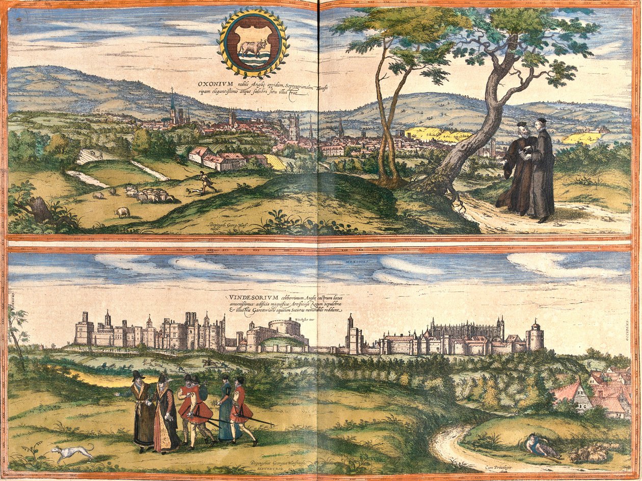 Gezichten op Oxford (Oxonium) en Windsor (Vindesorium), Engeland door Franz Hogenberg