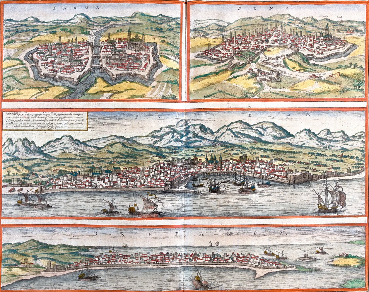 Gezichten van Parma (Parma), Siena (Sena), Palermo (Panhormus) en Trapani (Drepanum) (Sicilië), Italië door Franz Hogenberg