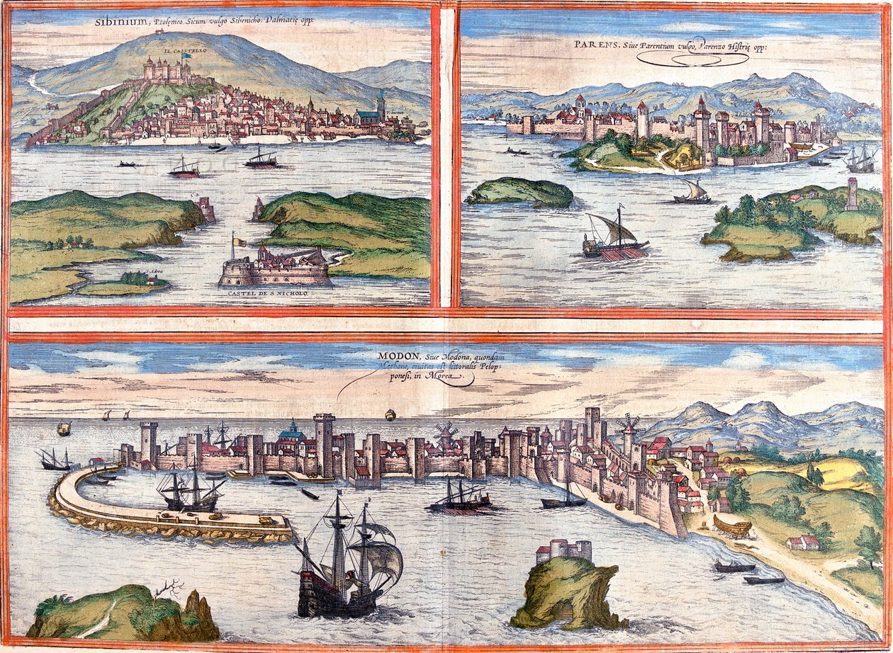 Zichten op Sibenik (Sibinium, Sibenicho), Porec (Parens, Parentium), Kroatië en Modon (Modona), Griekenland (ets) door Franz Hogenberg