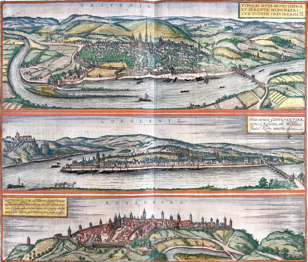 Zichten op Treves (Treveris), Koblenz (Coboletz) en Rothenburg (Rotenburgum), Duitsland door Franz Hogenberg