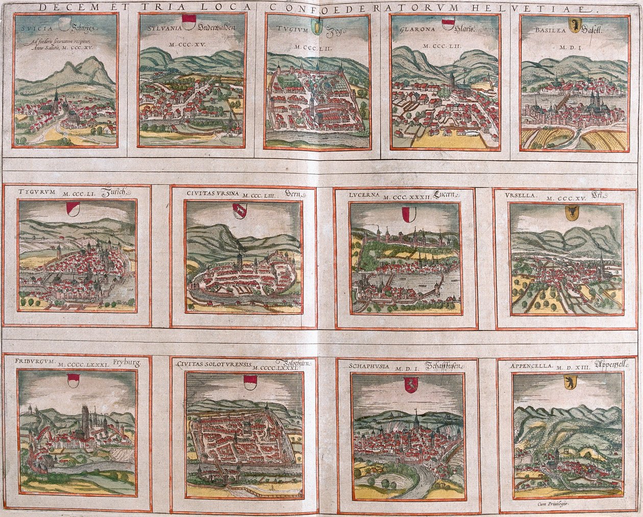 Zichten op de belangrijkste steden van de Zwitserse Confederatie: Schwytz (Svicia), Zug (Tugium), Glaris (Glarona), Bale (Basilea), Zurich (Tugurum), Bern (Ursina), Lucerne (Lucerna), Uri (Ursella), Fribourg (Frigurgum), Solothurn (Soloturensis), Schaffhau door Franz Hogenberg
