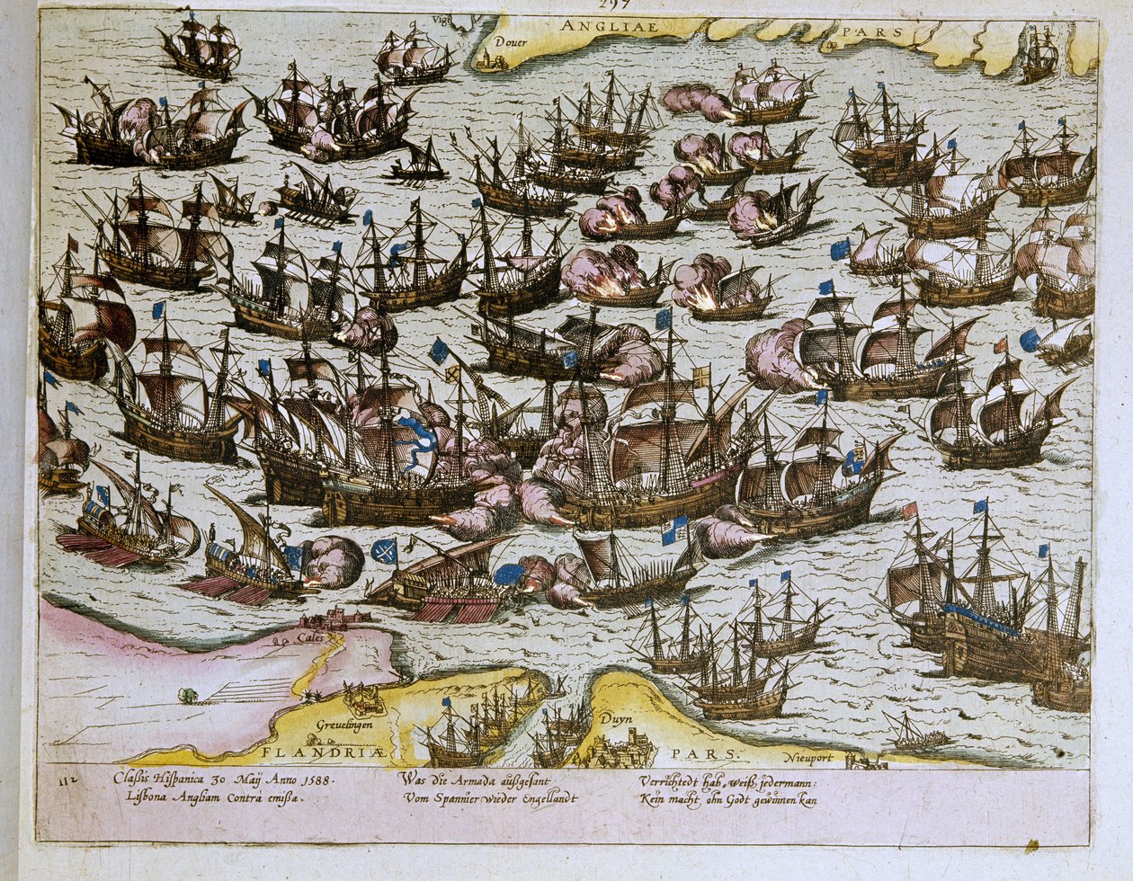 De nederlaag van de onoverwinnelijke Spaanse Armada door de Engelse kusten op 08/08/1588, illustratie uit 1653 (gravure) door Franz Hogenberg