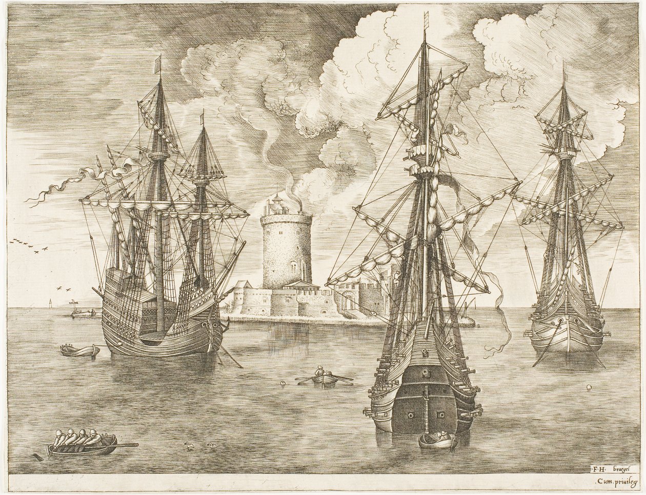 Viermaster en Twee Drie-Masters Voor Anker bij een Versterkt Eiland met een Vuurtoren, uit De Zeilschepen door Franz Huys