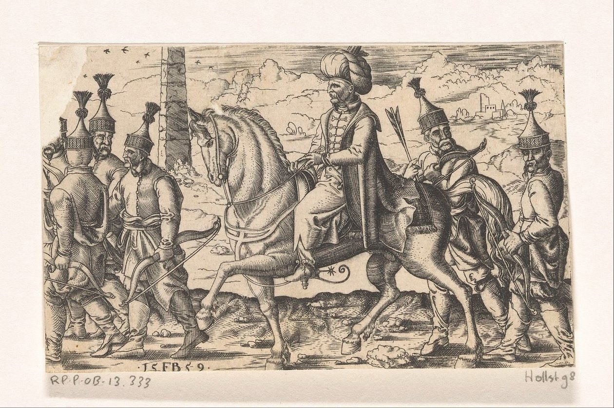 Sultan te paard vergezeld door soldaten door Franz Isaac Brun