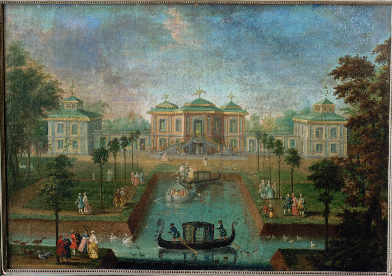Het hofleven in het park van paleis Augustusburg rond het Indianenhuis, gezicht vanuit het oosten ... door Franz Jakob Rousseau