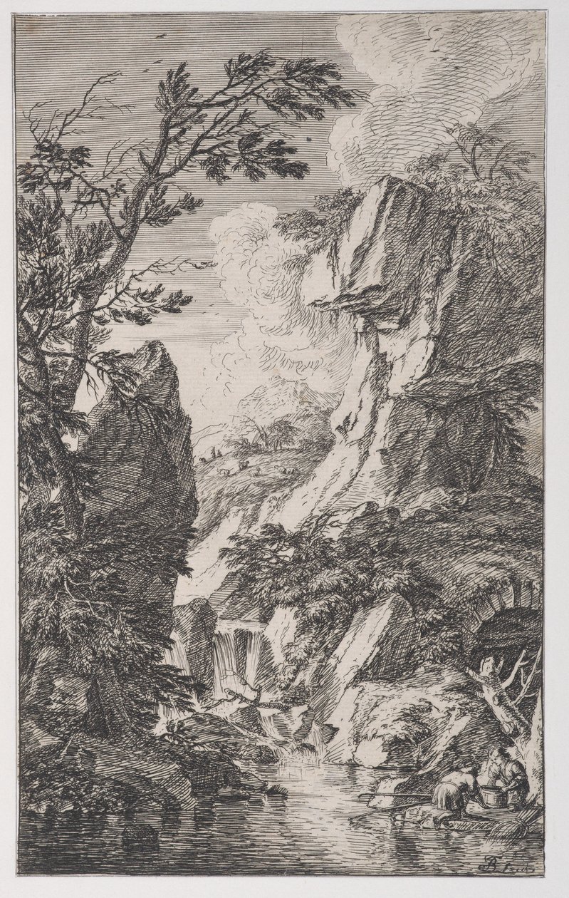 Plaat 4: twee vissers aan de oever van een stroom rechts, een waterval in het midden, ca. 1700-25 door Franz Joachim Beich