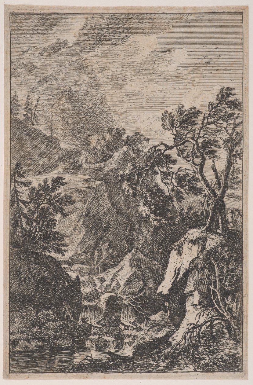 Plaat 6: twee mannelijke figuren staand op een rots rechts, een waterval in het midden, ca. 1700-25 door Franz Joachim Beich