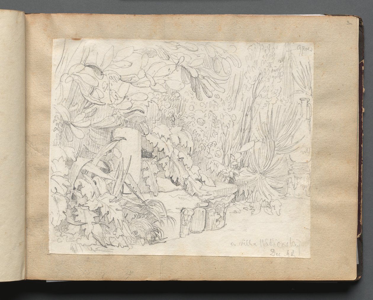 Album met uitzichten van Rome en omgeving, landschapstudies, pagina 03a: In villa Walkonsky door Franz Johann Heinrich Nadorp