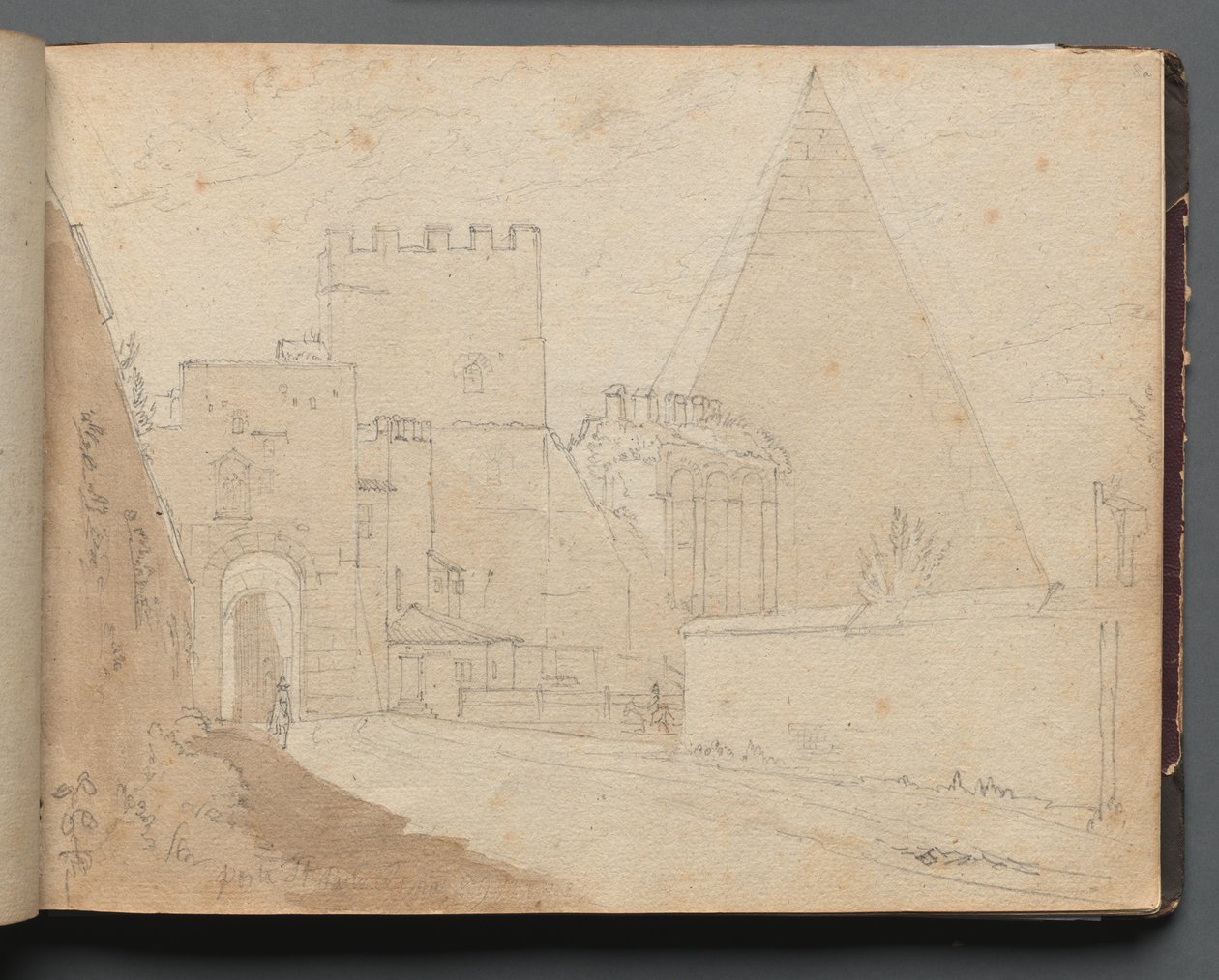 Album met uitzichten van Rome en omgeving, landschapsstudies, pagina 08a: Porta St. Paolo door Franz Johann Heinrich Nadorp