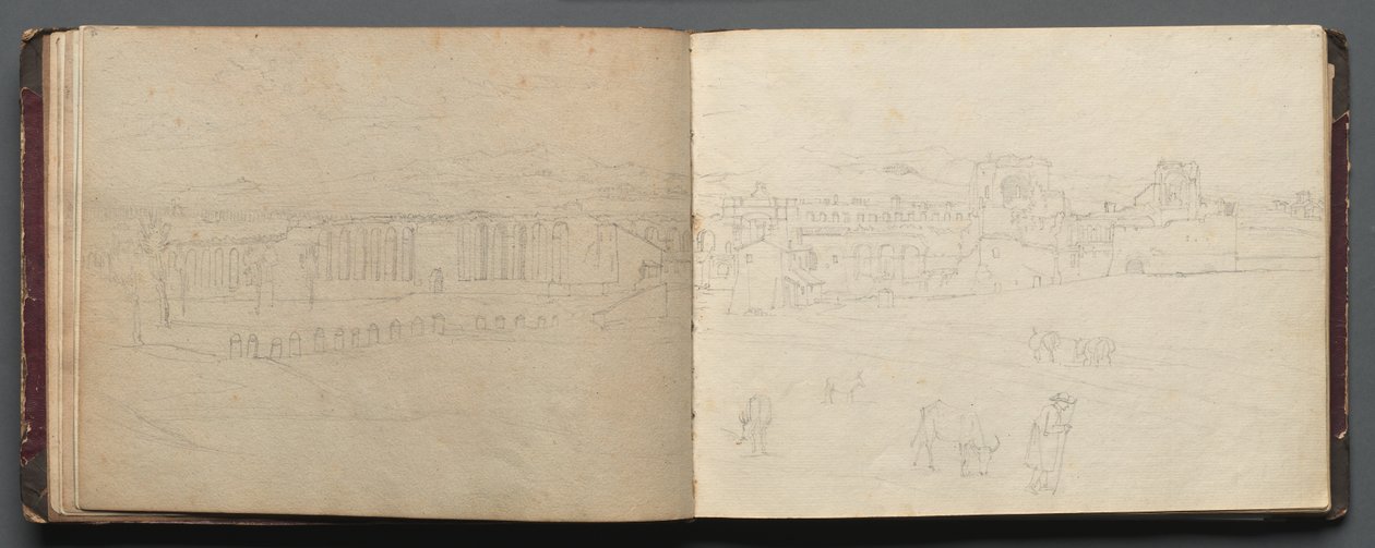 Album met Zichten van Rome en Omgeving, Landschapsstudies, pagina 08b en 09a: Panoramisch uitzicht door Franz Johann Heinrich Nadorp