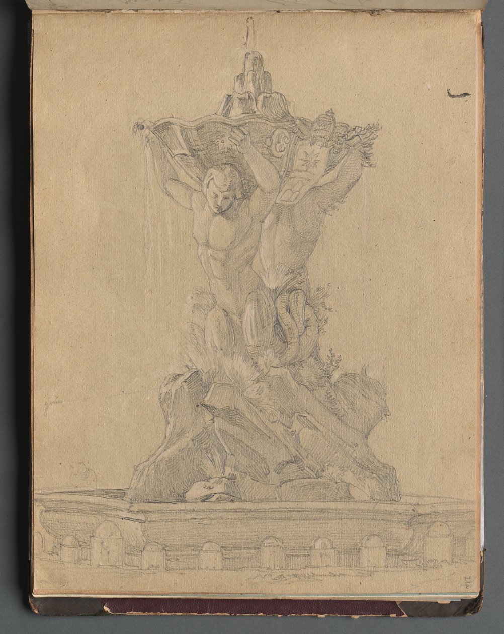 Album met uitzichten van Rome en omgeving, landschapsstudies, pagina 21a: Romeinse fontein door Franz Johann Heinrich Nadorp
