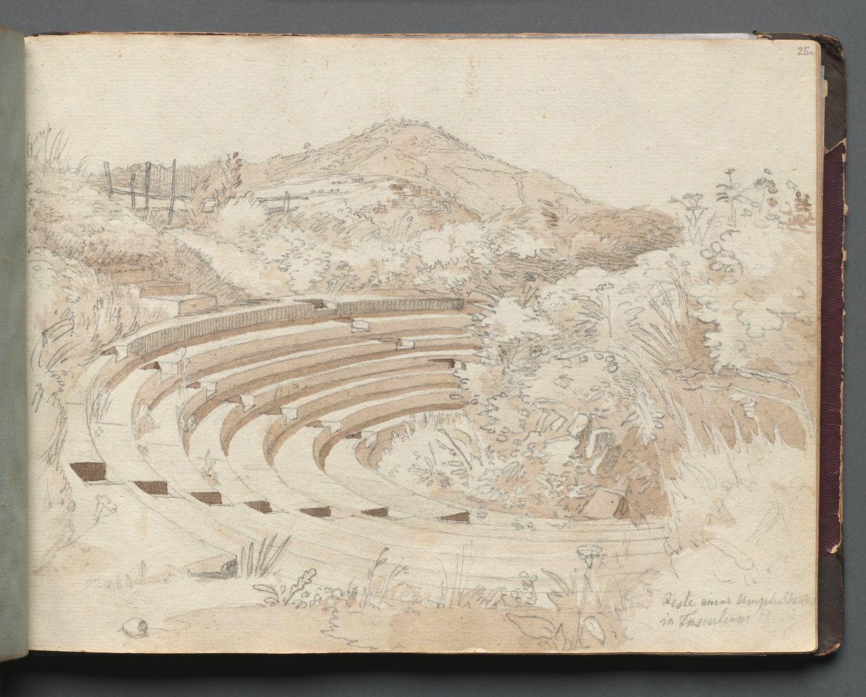 Album met uitzichten van Rome en omgeving, landschapsstudies, pagina 25a: Amfitheater, Tusculum door Franz Johann Heinrich Nadorp