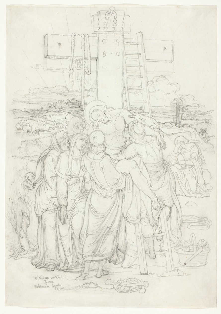 Afdaling van het kruis met een silhouet van Jeruzalem op de achtergrond door Franz Johann Heinrich Nadorp
