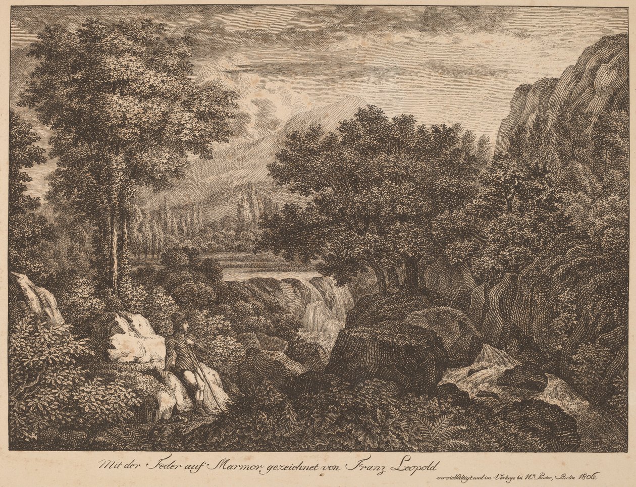 Rustende reizigers in een bergachtig landschap door Franz Joseph Leopold