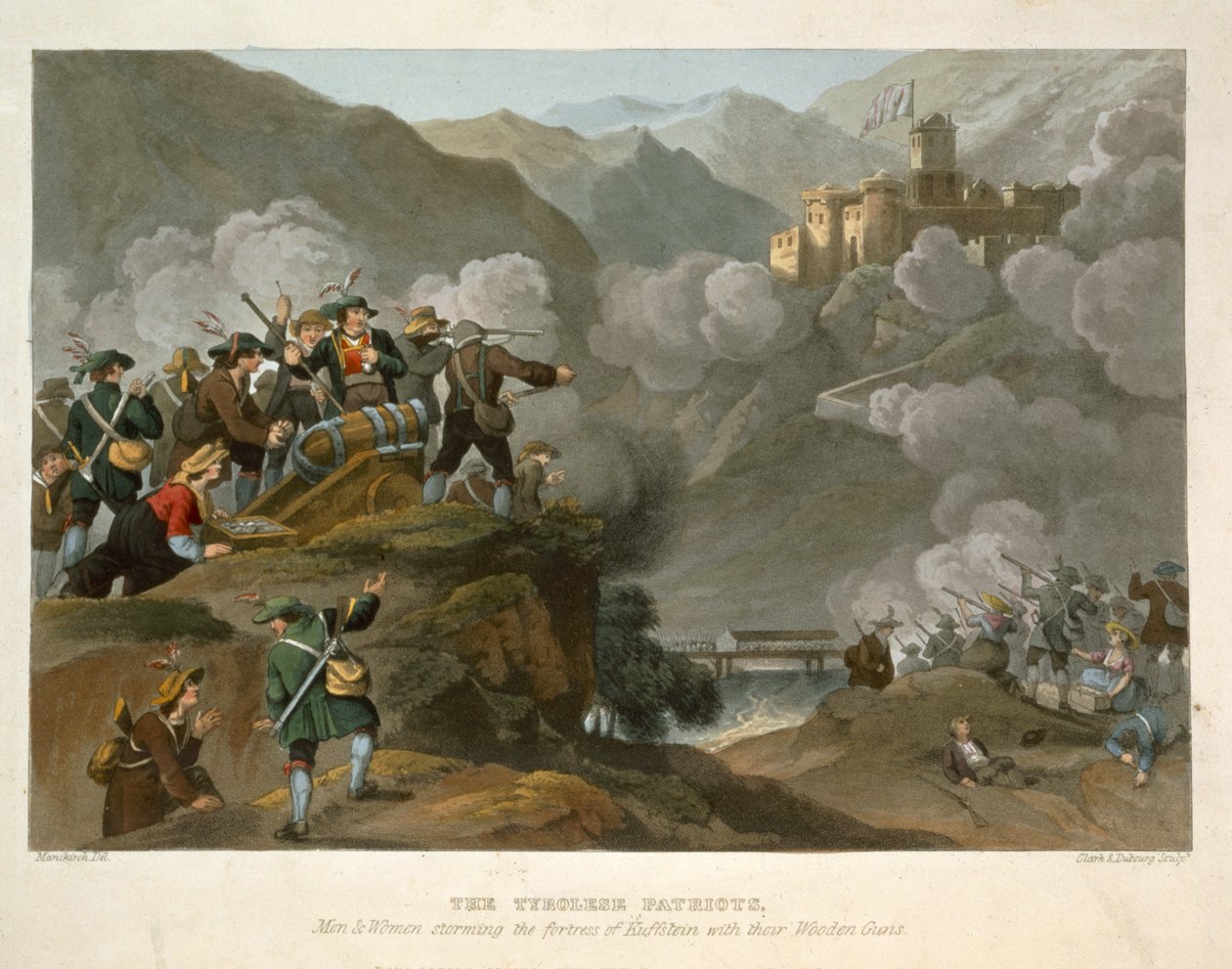 De Tiroolse Patriotten Stormen het Fort van Kuffstein met hun Houten Kanonnen, uit Historic, Military and Naval Anecdotes door Franz Joseph Manskirch
