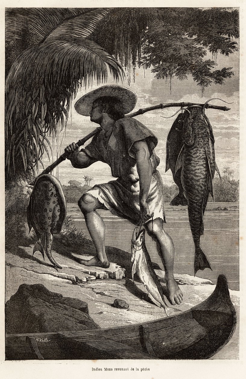 Indiaanse Moxo (Mojo, Moxeno) (uit de Mato Grosso-regio) terugkerend van vissen, gravure naar een tekening van de verteller, ter illustratie van een ontdekkingsreis op de Amazone en de Madeira, van 1874, door Franz Keller Leuzinger, gepubliceerd in 