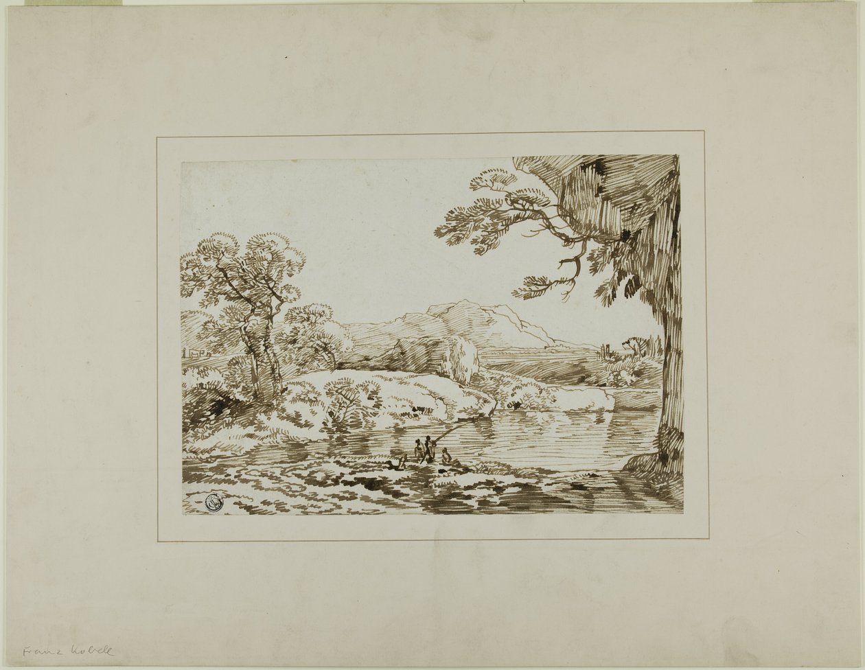 Landschap met Rivier, Verre Heuvels en Vissende Figuren op de Voorgrond door Franz Kobell