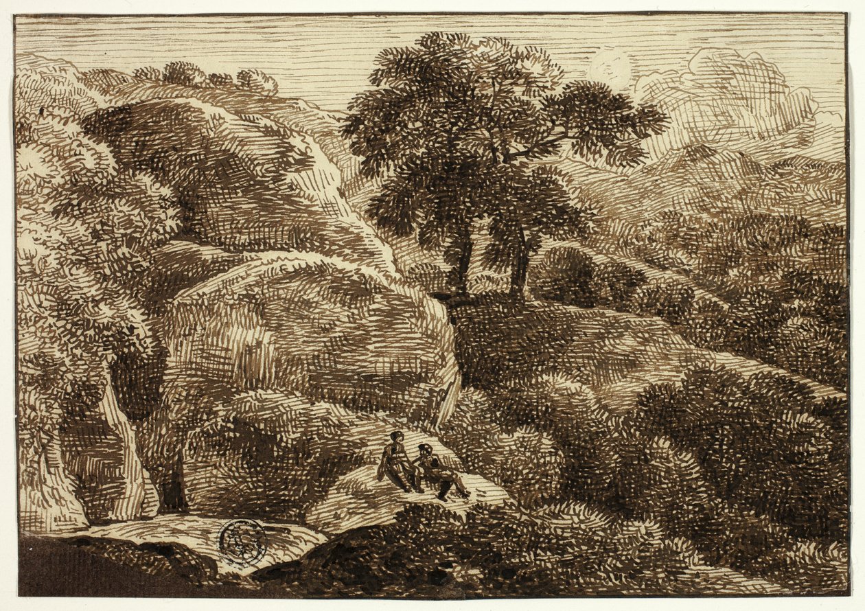 Twee figuren rustend op een heuvel bij twee bomen door Franz Kobell